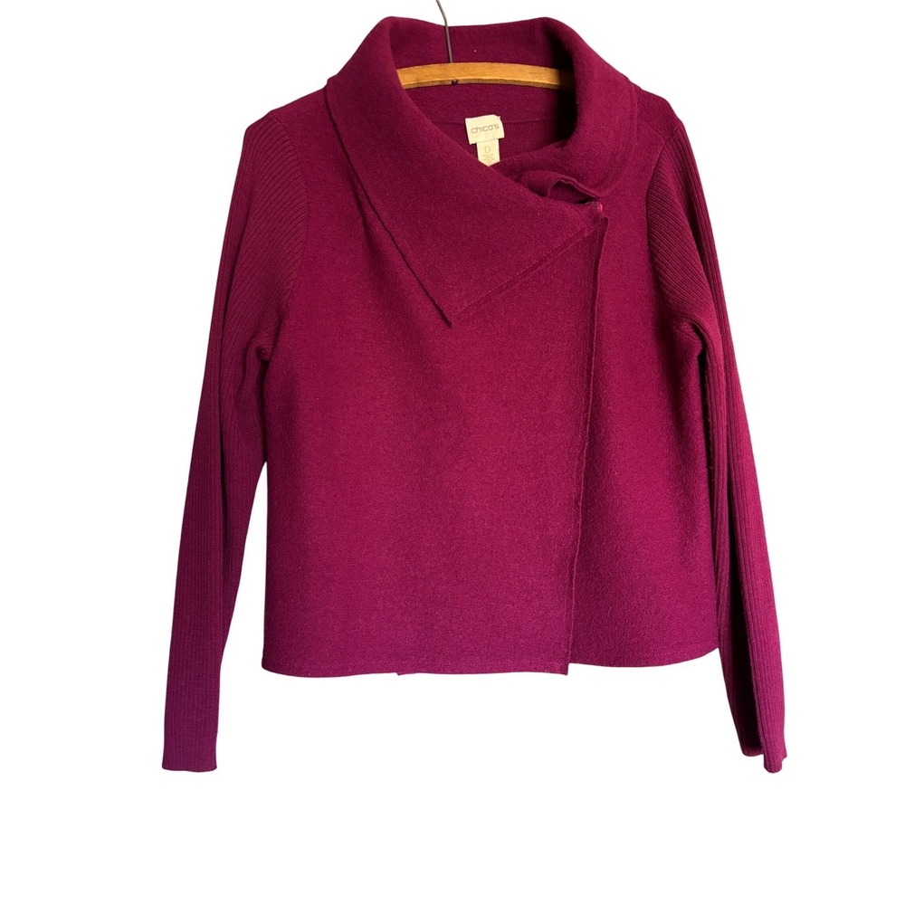 Chicos 0 Magenta 100% Wool‎ Asymmetrical Collar Cardigan Sweater Jacket Grandma